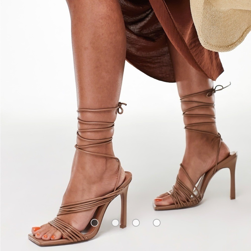 NEW ASOS Design Nest Strappy Ankle Tie Stiletto Sandals Tan Sz 6 - Picture 3 of 9